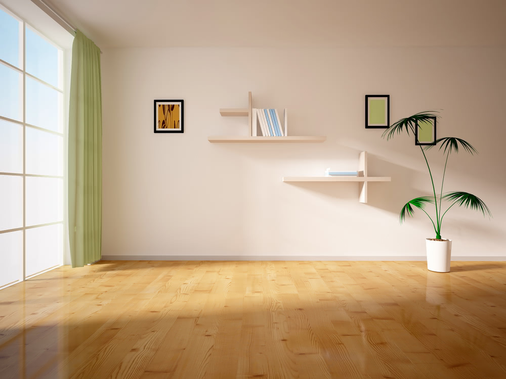 Immagine di parete bianca con parquet chiaro